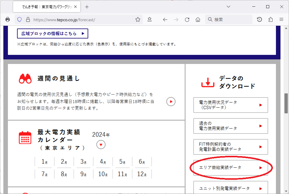 東京電力でんき予報のページ