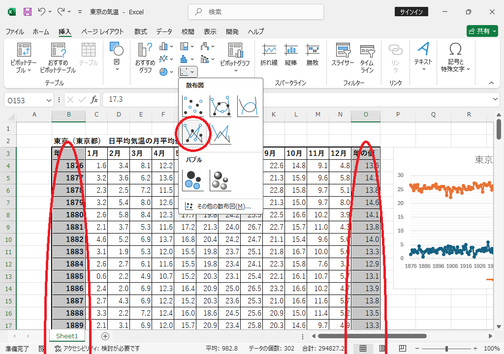 年と年の値のデータ範囲を選択